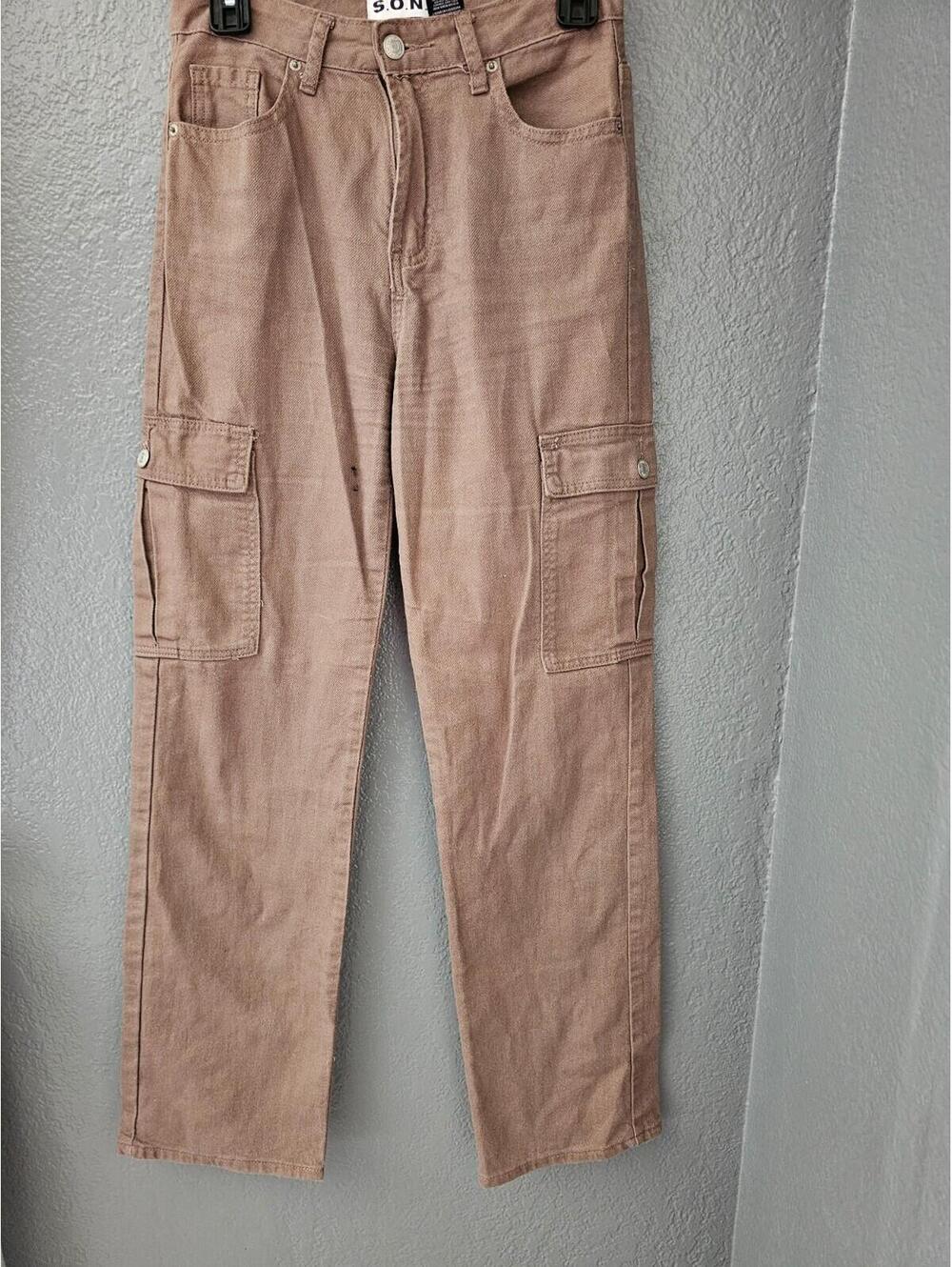Women's S.O.N.G Cargo Denim Pants Brown Straight Leg Size 1 / 25 Pockets Zip Fly - Picture 5 of 15